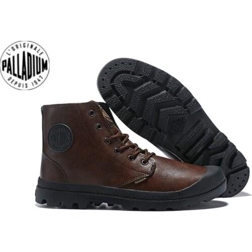 PALLADIUM Dark Coffee fashion men Leather tactical army ankle motorcycle boots for male wear-resistant comfortable Walking shoes