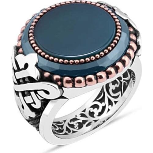 Green Agate Stone Edge Circle Cubic Zirconia Silver Men 'S Ring