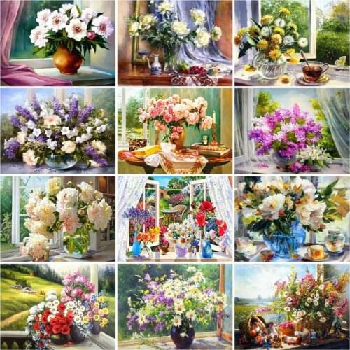 HUACAN Full Drill Diamond Painting Flowers Cross Stitch Mosaic Window Scenery Rhinestones Picture Decoration For Home