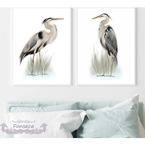 Wall Art Vintage Grey Heron Bird Canvas Painting Nautical Bird Prints Drawing Animal Poster Modular Pictures for Living Room