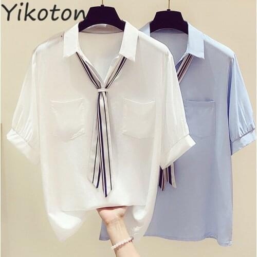 Turn Down Collar Soild White Tops With Tie Clothing 2021 Summer Blouses and Shirts Elegant Simplee Korean Fashion Casual Blouse