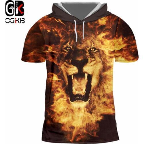OGKB Unisex Hiphop Streetwear Punk Tees Short Sleeve Hooded Tshirt Summer Tops Women/mens 3d Print Flame Lion T-shirts With Cap
