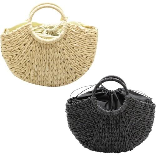 Handmade Beach Bag Round Straw Woven Bag Large Bucket Summer Bag Ladies Natural Shopping Basket Handbag Lined