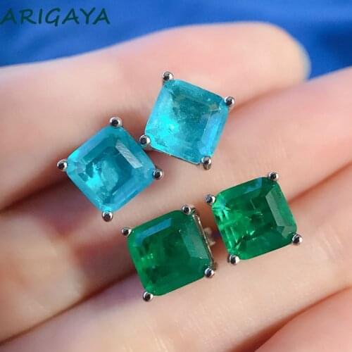 100% 925 Sterling Silver 7x7mm Lab Paraiba Tourmaline Emerald Gemstone Stud Earrings For Women Gifts Fine Jewelry Wholesale