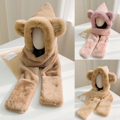 New Warm Winter 3 In 1 Fluffy Plush Hooded Long Scarf Hat Vintage Zebra Cow Animal Print Earflap Cap Neck Warmer Shawl Wrap