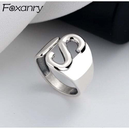 FOXANRY Minimalist 925 Sterling Silver Wide Rings New Fashion Vintage Hip Hop Glossy Capital Letter S Design Party Jewelry Gifts