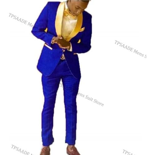 Groomsmen Royal Blue Groom Tuxedos Shawl Gold Lapel Men Suits 2 Pieces Wedding Bridegroom ( Jacket+Trousers+Tie)