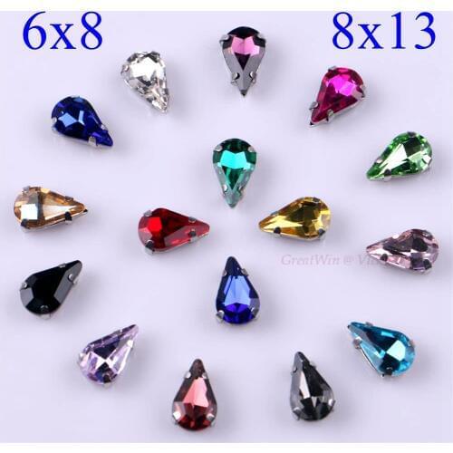 Glass Rhinestones! Narrow Teardrop Shape Diamond With Claw Sew On Strass Metal Base Buckle Crystal Stone 20pcs/pack