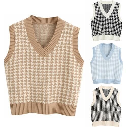 Women Autumn Houndstooth Plaid Knitted Vest Sleeveless V-Neck Vintage Sweater Oversized Loose Pullover Jumper Tank Tops
