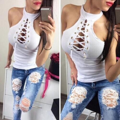 Women Halter Casual White Tops Ladies Sleeveless Off Shoulder T Shirts Female streetwear black Hollow Out Lace Up Top