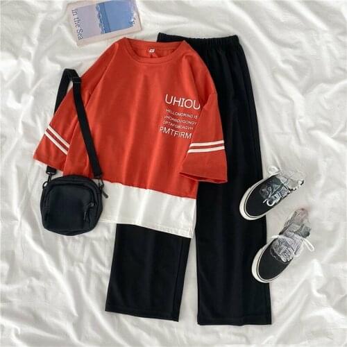 Women set harajuku Summer Casual Two Piece Set Short Sleeve cotton Tops t-shirts And Loose wide leg Pants Set Bottom Suit Outfit