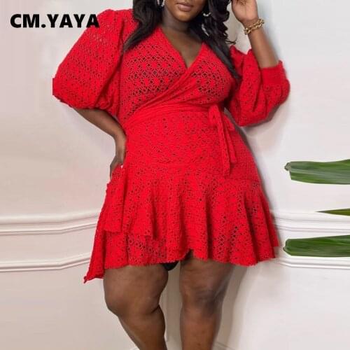 CM.YAYA Women Plus Size Dress Hollow Out Short Sleeve V-neck Bandage Sashes A-line Dresses Sexy Vestidos Fashion Outfit Summer