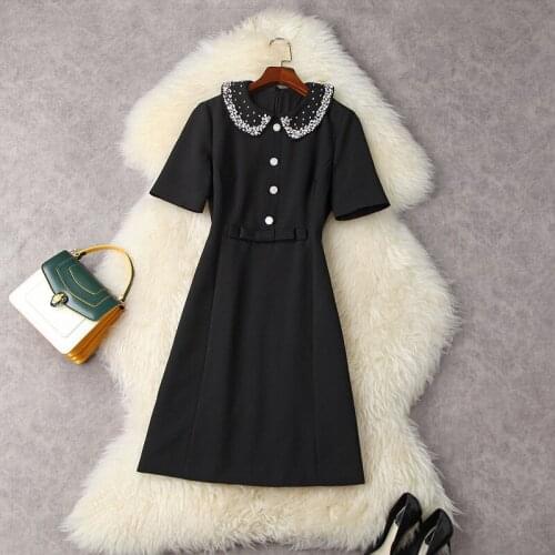 Black Dress Women Summer 2021 New Peter Pan Collar With Diamonds Short Sleeved A-Line Slim Small Hepburn Style Dress Above Knees
