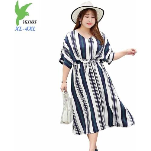 New Fashion Striped Dress Women Plus size XL-4XL Short sleeve Belt Slim Maxi Dresses Female Button Tencel Cozy Dress Vestido G54