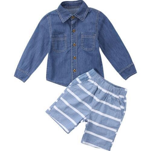 2018 new casual Newborn Baby Boys Long Sleeve blue Denim Tops shirt Striped Shorts 2pcs fashion children boy clothes Outfts Set