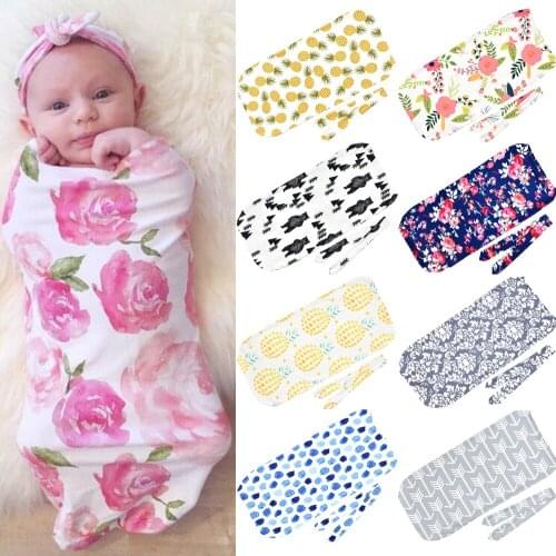 Baby Blankets Printed Flower Newborn Sleeping Bag Newborn Infant Baby Boys Girls Sleeping Swaddle Muslin Wrap +Headband 2PCS