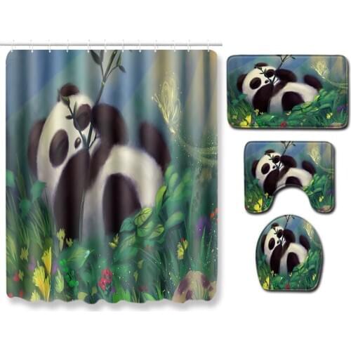 4Pcs/Set Carpet Bathroom Foot Pad Panda flamingo Bath Mat and Shower Curtain Set PVC Toilet Toilet Seat Covers Home Decor