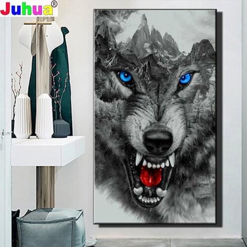 5D DIY Diamond Painting"Blue Eyes Wolf Head Mountain"Full Square/Round 3d Embroidery Ferocious Animal Picture Of Rhinestones Art