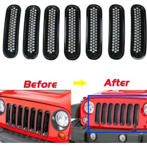 7pcs Trim Front Grille Cover Insert Mesh Grills Kit for 07-16 Jeep Wrangler JK