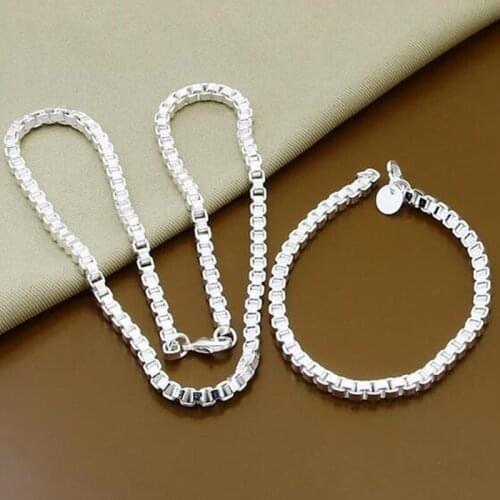 925 Sterling Silver 6mm Round Box Chain Bracelet Necklace Sets For Women Wedding Engagement Party Jewelry