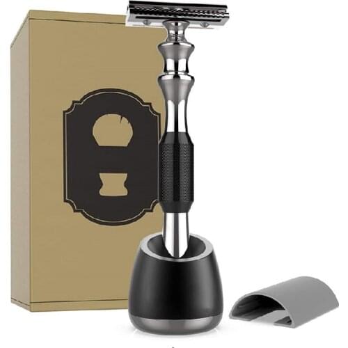 Double Edge Safety Razor and Holder Stand,Anbbas Aluminum Alloy Shaving Razor Set Long Antiskid Handle Multi-Purpose Holder Kit