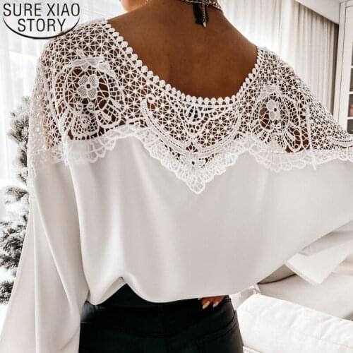 Fashion Lace Blouse Women White Lace Shirts Backless Hollow Out Tops O-Neck Long Sleeve Shirt Casual Sexy Loose Blouse 12459