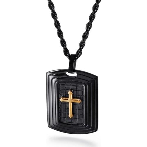 Black Dog Tag Pendant Cross Necklaces Stainless Steel Chain 24Inch Necklace for Men Boy Christian Religious Jewelry
