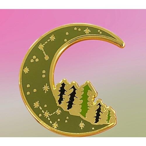 Pines and green moon Stars Enamel Pin tree Galaxy Moon art wilderness mountains Camping Outdoor brooch