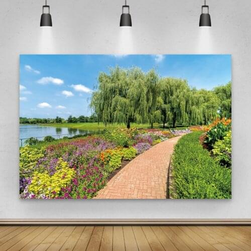 Laeacco Spring Photographic Backdrops Flowers Lake Sky Cloud Grassland Willow Room Decro Photographic Backgrounds For Photozone