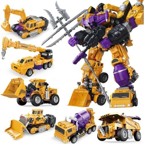 Jinjiang 6 IN 1 Transformation Action Figures Toys boy Cool KO GT Devastator Robots Classic Excavator Crane hook Model adult Toy