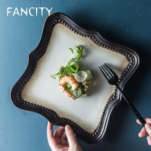 FANCITY Creative European Ceramic Tableware Classical Elegant Steak Plate Square Plate Western Food Plate Dim Sum Plate Salad