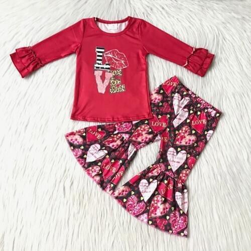 Best Selling Toddler Kids Long Sleeve Shirt And Bells Set Girl Spring Outfits For Valentines Day Children Love Letters Clothes