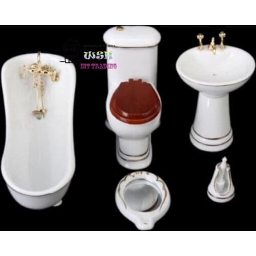 Dollhouse miniature 1:12 Ceramic bathroom furniture Shower Room Closestool Wash Basin Bathtub 5 PCS