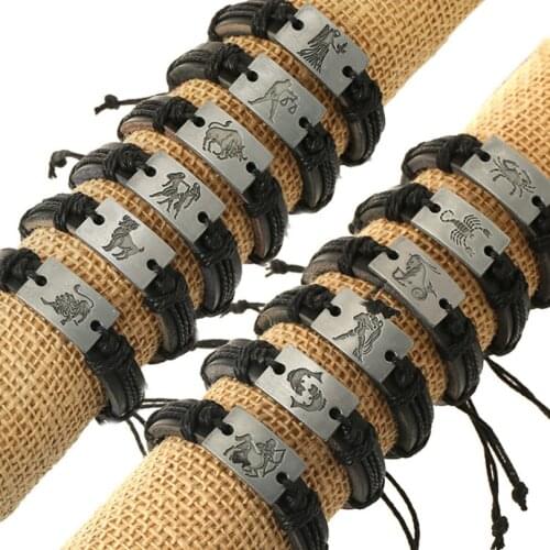 Fashion Black Constellation Zodiac Sign Leather Bracelet Wristband Aries Gemini Pisces Squarius Cancer Charm Bangle Punk Jewelry