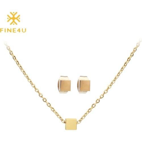 FINE4U N140 Tiny Lovely Square Geometry Jewelry Sets Stainless Steel Initial Necklace Stud Earrings Jewelry Set Wedding Jewelry