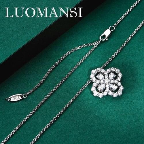 Luomansi 18K White Gold High Carbon Diamond Necklace Hollow Four-leaf Clover Ppendant Necklace Woman 925 Sterling Silver Jewelry