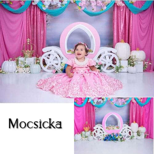 Pink Curtains Flower Girl Birthday Photoshoot Backdrop Princess Car Pumpkin Decor Cake Smash Photo Props Studio Booth Background