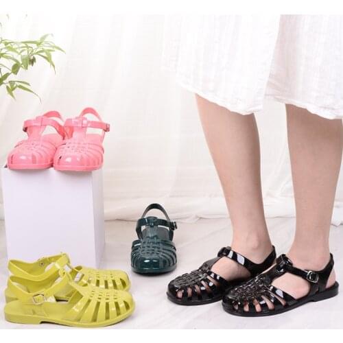 Beige Heeled Sandals Female Shoe 2021 Summer Large Size Candy Colors Black Girls Jelly Beach Comfort New Flat Big Retro Fashion