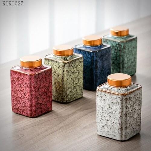 Modern Ceramic Tea Caddy Square Metal Spiral Sealed Jar Household Candy Coffee Bean Storage Jar Kitchen Container Art Home Decor