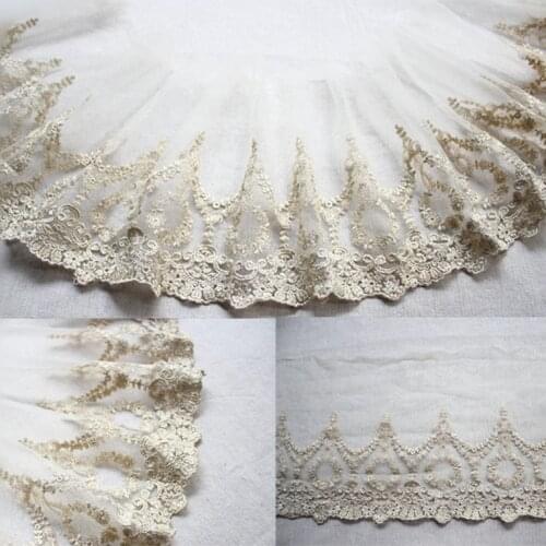 16cm 6.29inch wide-3yards/lot Gold Thread Embroidered Tulle LaceTrim for Garment Decoration
