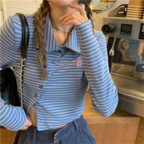 Women Spring Fall Chic Blue Black Striped T Shirt Long Sleeve Irregular Single Breast Slim Short Shirt Fashion Bottoming Top Tee