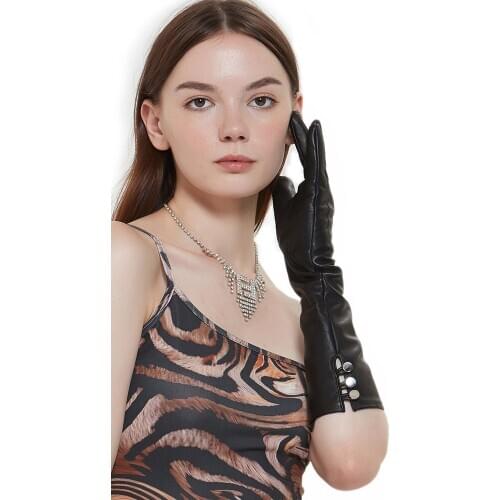 Women 40cm long real sheep leather upper metal buttons style elbow long gloves