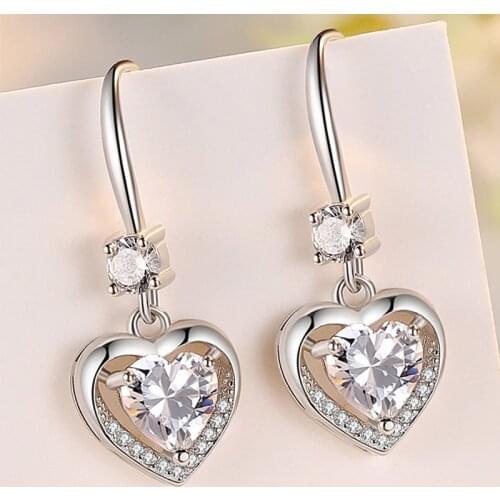 2021 Hot Luxury Silver Color White Zircon Heart Dangle Earrings For Women Trendy Female Drop Jewelry Wedding Party Gifts
