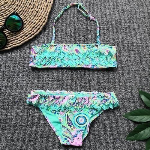 7-14Y Girl Bikini Set Kids Hollow Out Teenage Swimsuit Girls Print Two Piece Childrens Swimwear Big Girl Bathing Suit Beachwear
