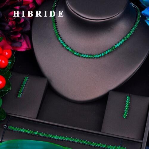 HIBRIDE Luxury Brazil Style Green Cubic Zirconia Jewelry Sets For Women Bride Necklace Set Wedding Dress Accessories N-383