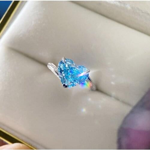 925 New Light Luxury Heart-shaped Fashion Personality Ring Simulation Blue Topaz High Carbon Diamond For Women Fine Jewelry Gift