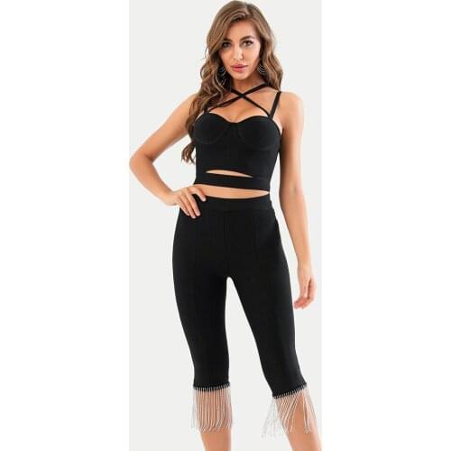 WomenS Sexy Sleeveless Spaghetti Strap Blouse And Five-Point Pants Bandage Set 2021 Spring Diamond Tassel Party 2-Piece Set