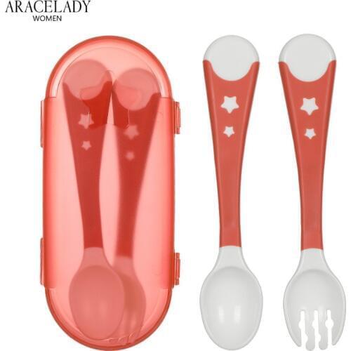 2Pcs Bendable Baby Feeding Spoon Fork Set Toddler Infant Food Learning Tableware Flatware Silicone Kids Cutlery with Storage Box