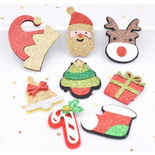 20Pcs Glitter Patches Santa Claus Hat Elk Tree Gift Box Bell Stock for Christmas Party Hairpin Applique Decor Accessories G03