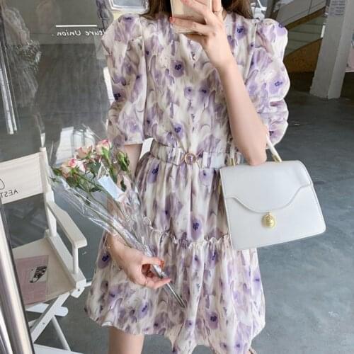 2021 Summer Sweet Floral Printed O-Neck Puff Sleeve Party Dress Female Elegant Women A-line High Waist Midi Dress With Belt